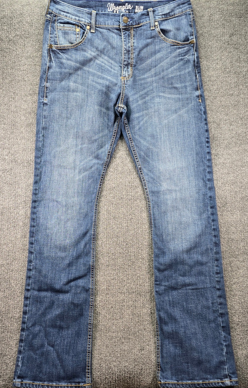 Wrangler Retro Slim Bootcut Jeans 35x36 Stretch Medium Wash Blue Denim Faded